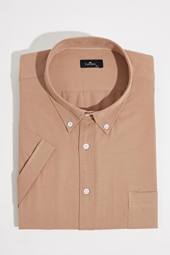 Tudors Men's Plus Size Short Sleeve Lapel Button Cotton Pocket Solid Brown Shirt