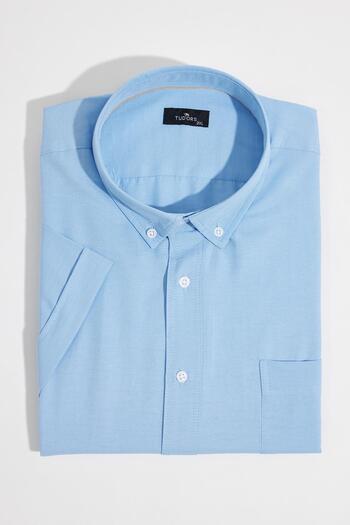 Tudors Men's Plus Size Short Sleeve Lapel Button Cotton Pocket Solid Blue Shirt