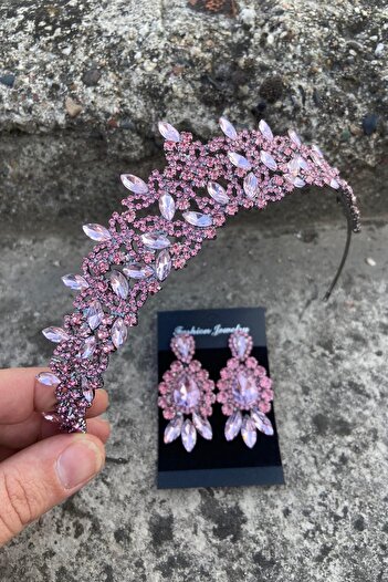 Hobigram Clara Pink Bridal Henna Crown Special Occasion Accessory Women's Crown and Three Shuttle Earrings Set