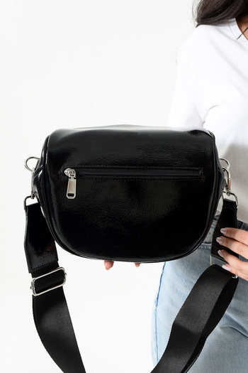 archangel Women's Waist Bag Black Patent Leather Ethnic Patterned Strap