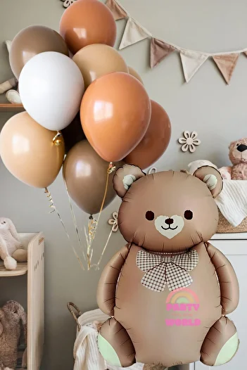 party world Brown Teddy Bear Foil Balloon with Bow Tie & Set of 10 Caramel Brown Shades Balloons