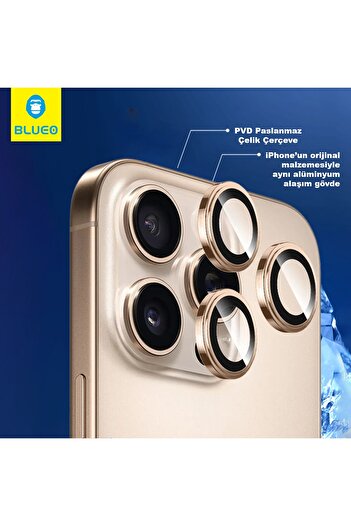 BLUEO Sapphire iPhone 16 Pro Uyumlu 9 MOhs %99.99 Safir Gold / Desert Titanium Kamera Lens Koruyucu