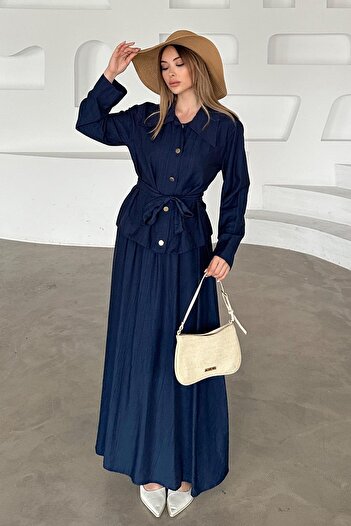 Olcay Sash Detailed Skirt Jacket Suit Dark Blue 9348-Tk