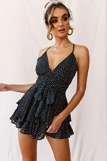 FASHION COCKTAIL Cross Back Strap Belted Chest Low-cut Polka Dot Bohemian Shorts Jumpsuit Navy Blue