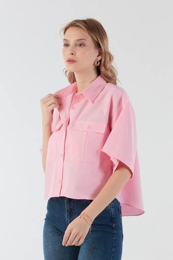 Fulla Moda Basic Çift Cepli Arkası Uzun Crop Gömlek