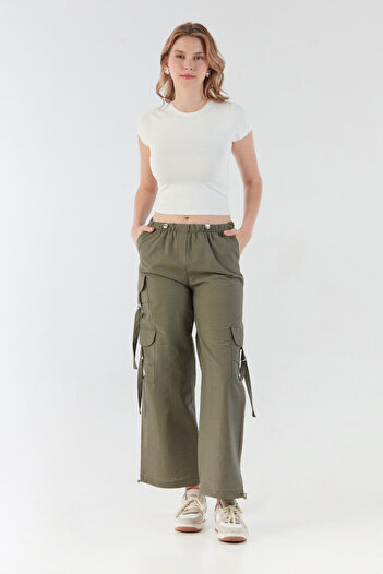Fulla Moda Parachü Fabric Trousers with Elastic Waist