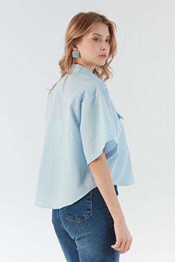 Fulla Moda Basic Çift Cepli Arkası Uzun Crop Gömlek