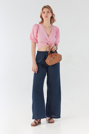 Fulla Moda Elastic Waist Pocket Linen Trousers