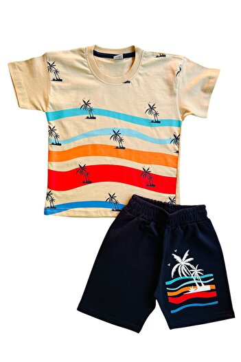 YUMİYUMM Boy's Beige-Navy Blue Shorts Suit