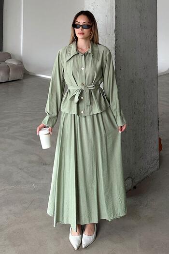 Olcay Sash Detailed Skirt Jacket Set Light Green 9348-Tk