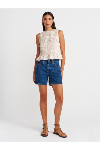 Dilvin 71996 Basic Medium Length Denim Shorts-Blue