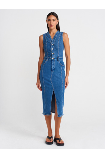 Dilvin 90561 Rochie din denim lycra cu decolteu în V-albastru