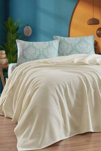 Eponj Home Fitted Sheet Pique Set Double 100% Cotton 4 Piece Post Patterned Cream – Weave Series