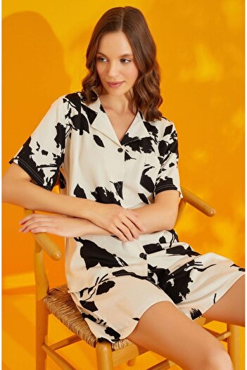 seamlife Women's 100% Cotton Satin Woven Black and White Pattern Short-Sleeved Shirt Collar Shorts Pajamas Set