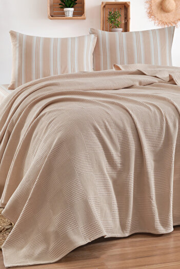 Eponj Home Sheet Pique Set Double Size 100% Cotton 4 Piece Soft Striped Patterned Beige – Weave Series