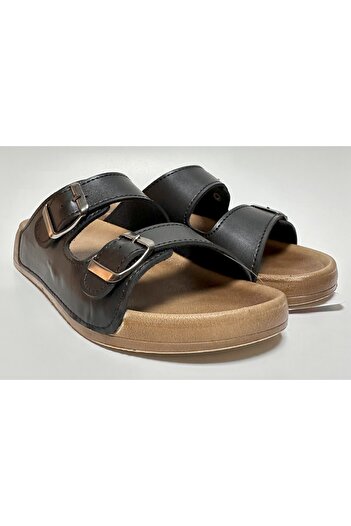 GEZER Leather Look Anatomic Sole Adjustable Double Buckle Unisex Waiter Boy Home and Street Slippers
