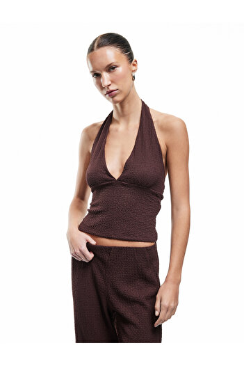 Koton Wrap Fabric Textured Slim Fit Back Low-Cut Halter Neck Blouse