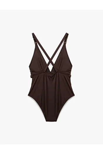 Koton Deep V Neck Swimsuit with Accessories and Cross Back Straps