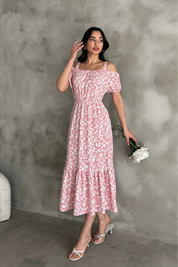 Mila Powder Patterned Madonna Collar Midi Dress