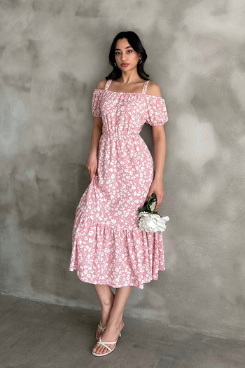 Mila Powder Patterned Madonna Collar Midi Dress