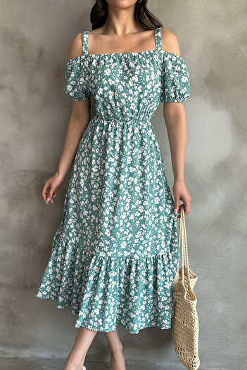 Mila Mint Desenli Madonna Yaka Midi Elbise