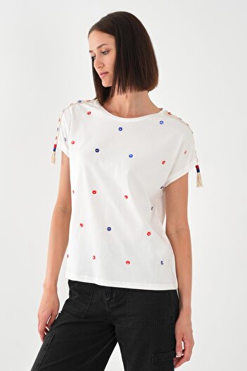 ALEXANDERGARDI Floral Patterned Women's T-Shirt with Shoulder Detail