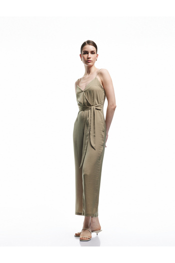 Koton Aerobin Fabric Belt Detailed Double Breasted Straps Wide Leg Long Satin Jumpsuit