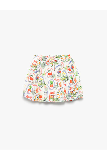Koton Pleated Fruit Patterned Bow Cotton Skirt