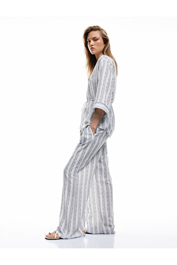 Koton Linen Look Waist Tied Pocket Striped Palazzo Trousers