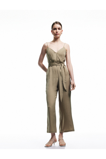 Koton Aerobin Fabric Belt Detailed Double Breasted Straps Wide Leg Long Satin Jumpsuit