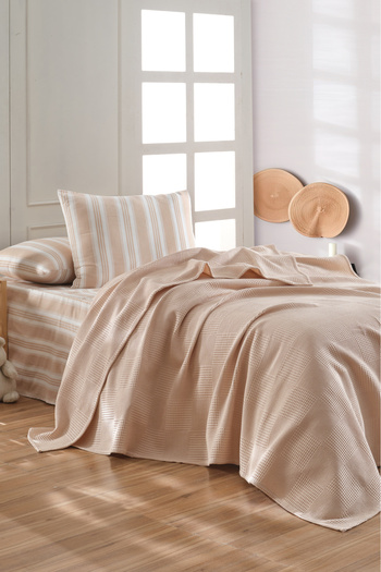 Eponj Home Sheet Pique Set Single 100% Cotton 3 Piece Soft Striped Patterned Beige – Weave Series