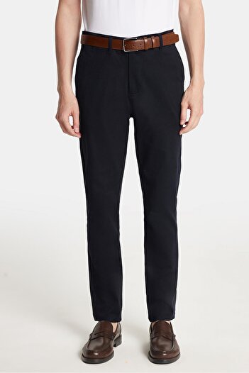 Tudors Men's Slim Fit Chino Stretchable Side Pocket Front Zipper Cotton Textured Navy Blue Trousers
