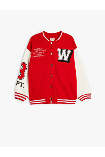 Koton Embroidery Detailed Round Neck Long Sleeve Snap Closure Hooded Bomber College Jacket