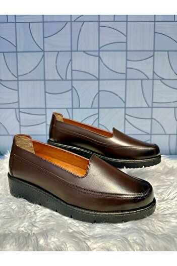 Anıl Ayakkabı Napa 514 Women's Brown Genuine Leather Comford Wedge Heel Daily Orthopedic Casual Shoes