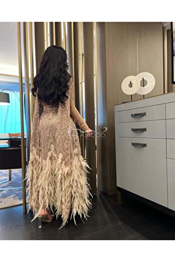 ALANOOD FASHION Elegant evening dress with tulle sleeves and luxurious embroidery and feathers