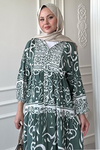 InStyle Kıvrımlı Sarmal Desen Yeşil Viskon Elbise
