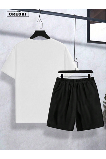 EFFRENATU Kbabver Printed Cotton Fabric Men's White T-Shirt- Black Shorts Set
