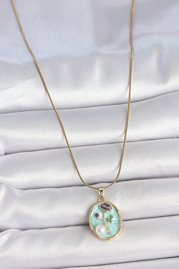 Skygo 316L Steel Gold Color Chain Blue Flower Embroidered Pearl Detail Portrait Model Women's Necklace - Tj-Bko10076