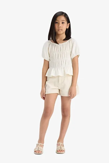 DeFacto Girls' Relax Fit Crew Neck Wrap Short Sleeve Blouse C2209A825Hs