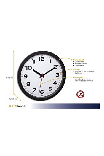 TFA Silent analog wall clock, with glass cover, large digits, black, 60.3050.01