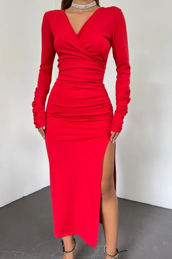 WOMAN VISION Rochie roșie 6031 din țesătură elastică pentru femei, cu guler dublu, cu fante cu mânecă lungă, lungime midi