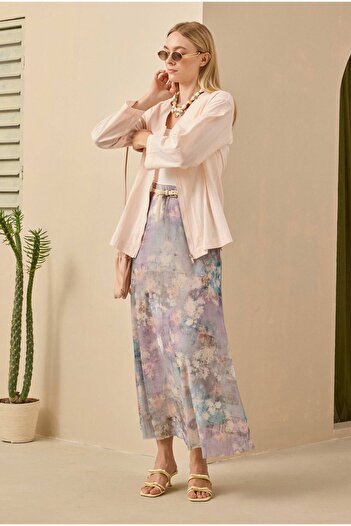 HEQA Çan Tül Etek Floral Desen Mavi