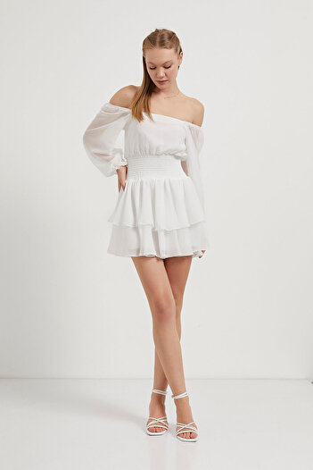 Arma Life Women's Waist Gipeli Off-The-Shoulder White Mini Chiffon Dress