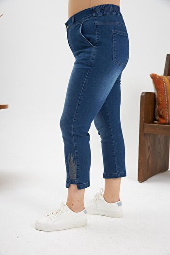 RMG Büyük Beden Taş Detay Denim Kapri Kim. Mavi
