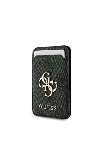 Guess Licensed Pu Leather 4g Pattern Metal Large 4g and Stand Magnetic Card Holder with Text Logo Black