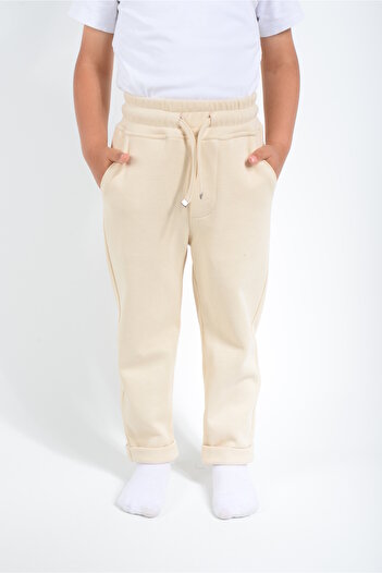 KİDSPİTİRCİK BEJ JOGGER PANTOLON LAKOS KUMAŞ YANDAN CEPLİ - BELİ LASTİKLİ - BAĞCIKLI