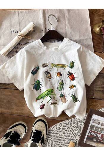 ELNOYA Unisex Cotton White Oversize "Insect" Printed Children's Comfortable Daily T-Shirt