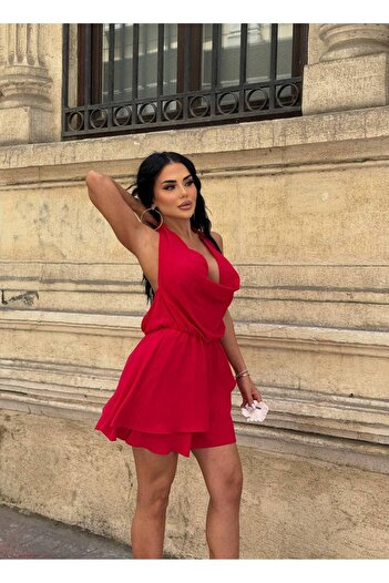 Stil Sepeti Women's Red Degaje Collar Halter Back Low-Cut Shorts Mini Dress Ely-10001705