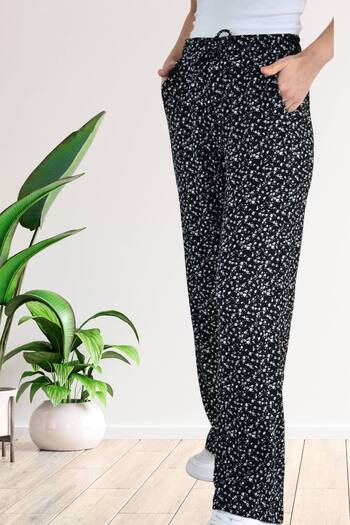 Mood Lab Women's Elastic Waist Black Floral Printed Wrap Palazzo Trousers