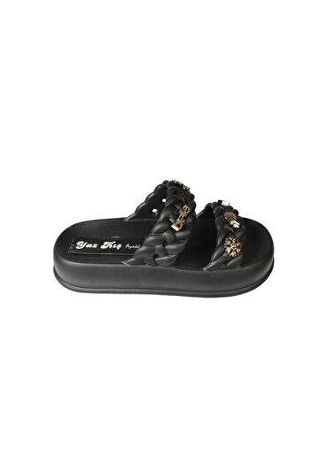 Yaz Kış Ayakkabı Yazkiş Women's Black Cream Green Gray Double Striped Rubber Sea Beach Pool Slippers with Stones on Top